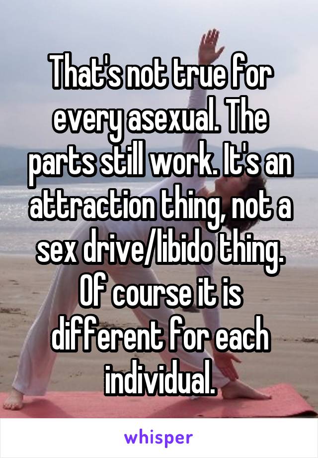 That's not true for every asexual. The parts still work. It's an attraction thing, not a sex drive/libido thing. Of course it is different for each individual.