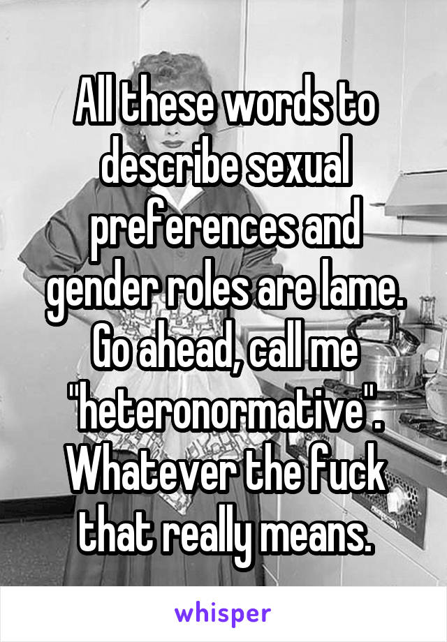All these words to describe sexual preferences and gender roles are lame. Go ahead, call me "heteronormative". Whatever the fuck that really means.
