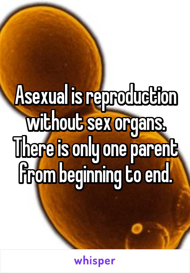Asexual is reproduction without sex organs. There is only one parent from beginning to end.