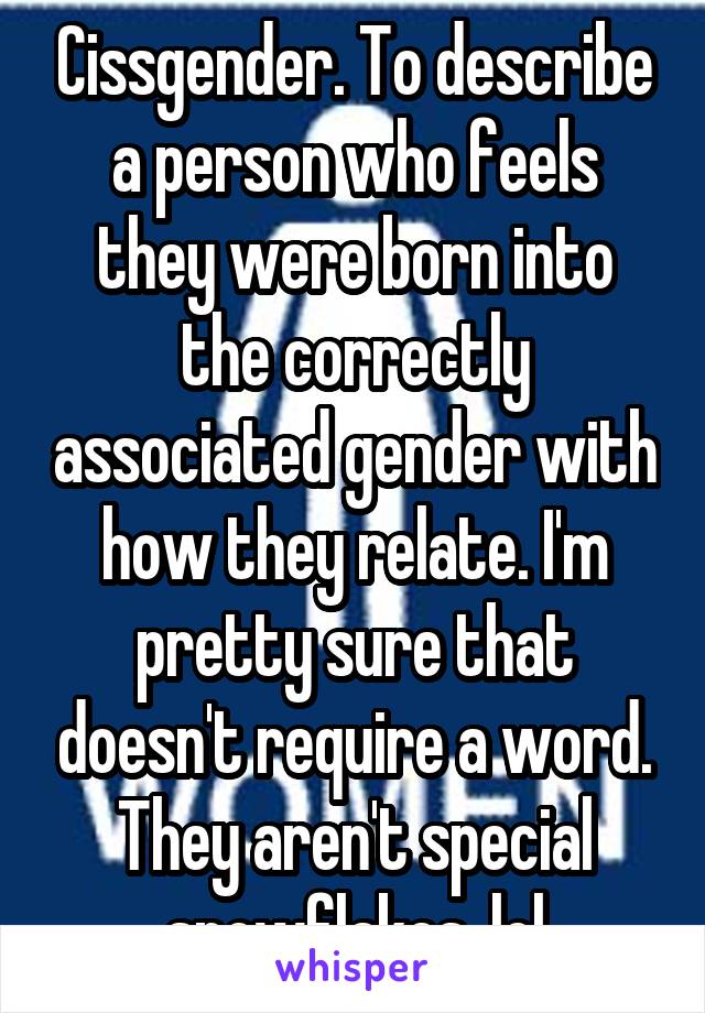 Cissgender. To describe a person who feels they were born into the correctly associated gender with how they relate. I'm pretty sure that doesn't require a word. They aren't special snowflakes. lol