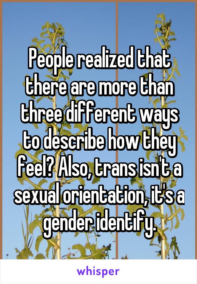 People realized that there are more than three different ways to describe how they feel? Also, trans isn't a sexual orientation, it's a gender identify.