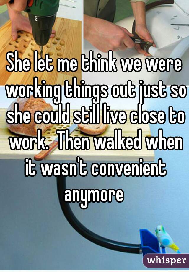 She let me think we were working things out just so she could still live close to work.  Then walked when it wasn't convenient anymore 