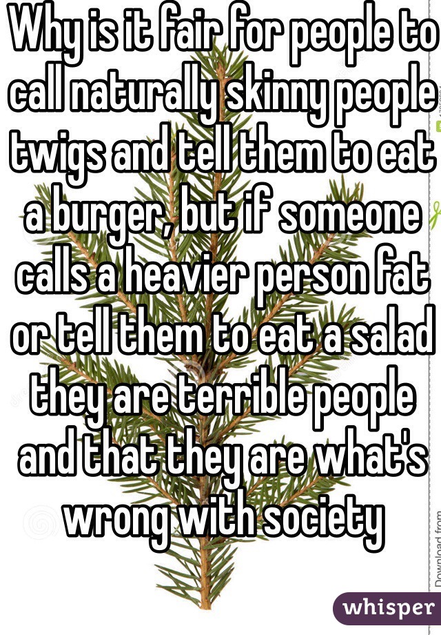 Why is it fair for people to call naturally skinny people twigs and tell them to eat a burger, but if someone calls a heavier person fat or tell them to eat a salad they are terrible people and that they are what's wrong with society