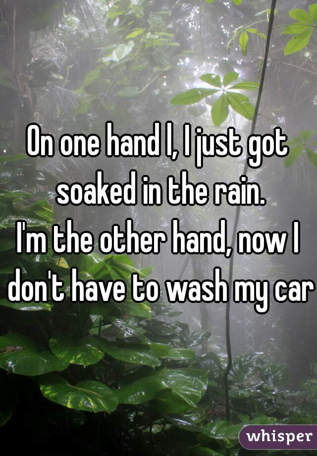 On one hand l, I just got soaked in the rain.

I'm the other hand, now I don't have to wash my car.