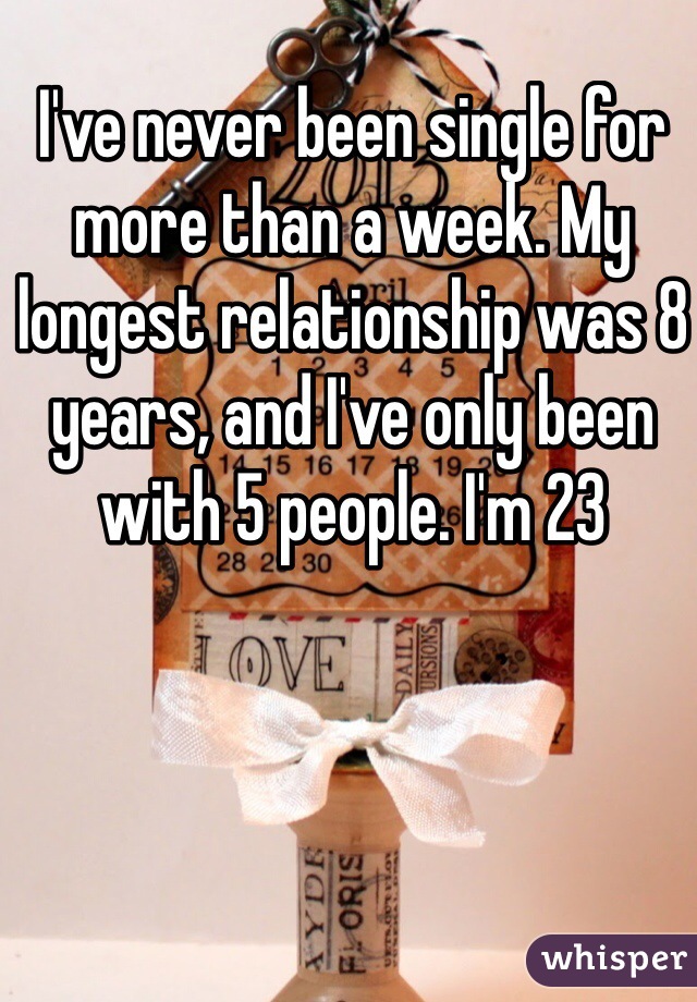 I've never been single for more than a week. My longest relationship was 8 years, and I've only been with 5 people. I'm 23 