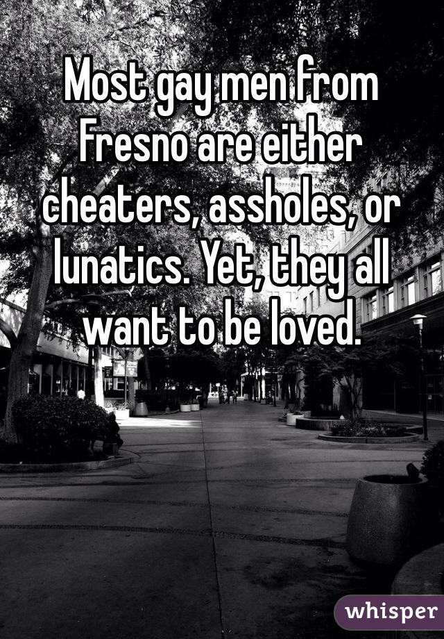 Most gay men from Fresno are either cheaters, assholes, or lunatics. Yet, they all want to be loved. 