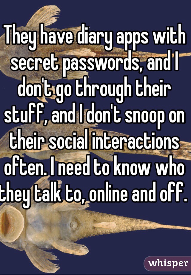 They have diary apps with secret passwords, and I don't go through their stuff, and I don't snoop on their social interactions often. I need to know who they talk to, online and off. 