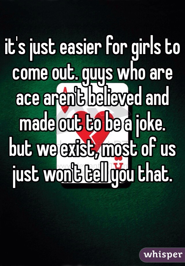 it's just easier for girls to come out. guys who are ace aren't believed and made out to be a joke.
but we exist, most of us just won't tell you that.