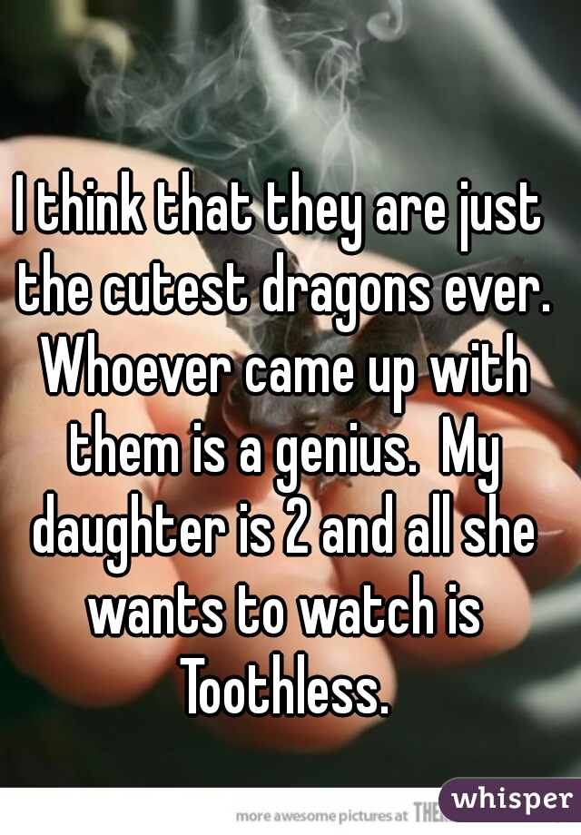 I think that they are just the cutest dragons ever. Whoever came up with them is a genius.  My daughter is 2 and all she wants to watch is Toothless.