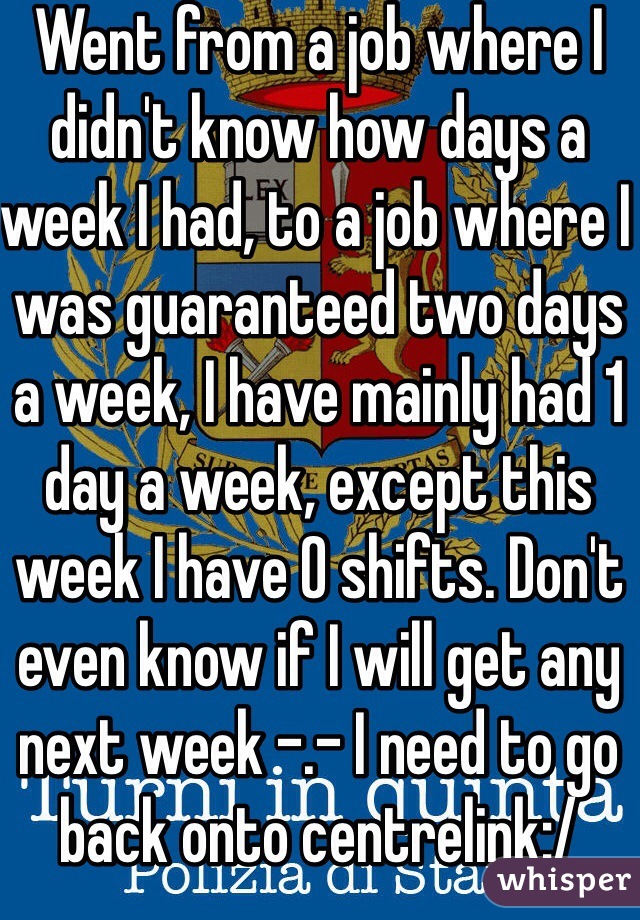 Went from a job where I didn't know how days a week I had, to a job where I was guaranteed two days a week, I have mainly had 1 day a week, except this week I have 0 shifts. Don't even know if I will get any next week -.- I need to go back onto centrelink:/