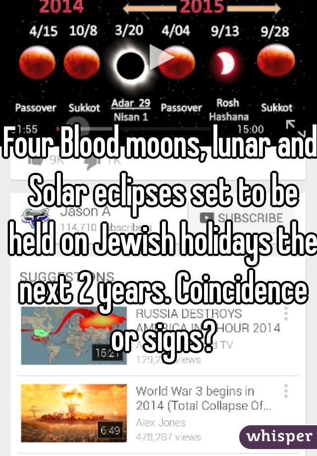 Four Blood moons, lunar and Solar eclipses set to be held on Jewish holidays the next 2 years. Coincidence or signs?