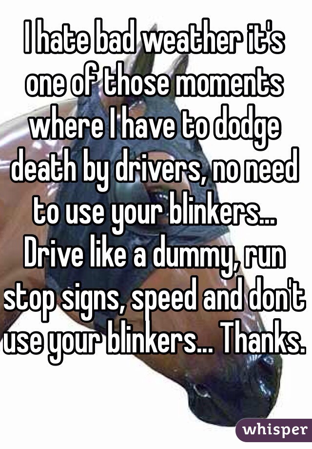 I hate bad weather it's one of those moments where I have to dodge death by drivers, no need to use your blinkers... Drive like a dummy, run stop signs, speed and don't use your blinkers... Thanks.