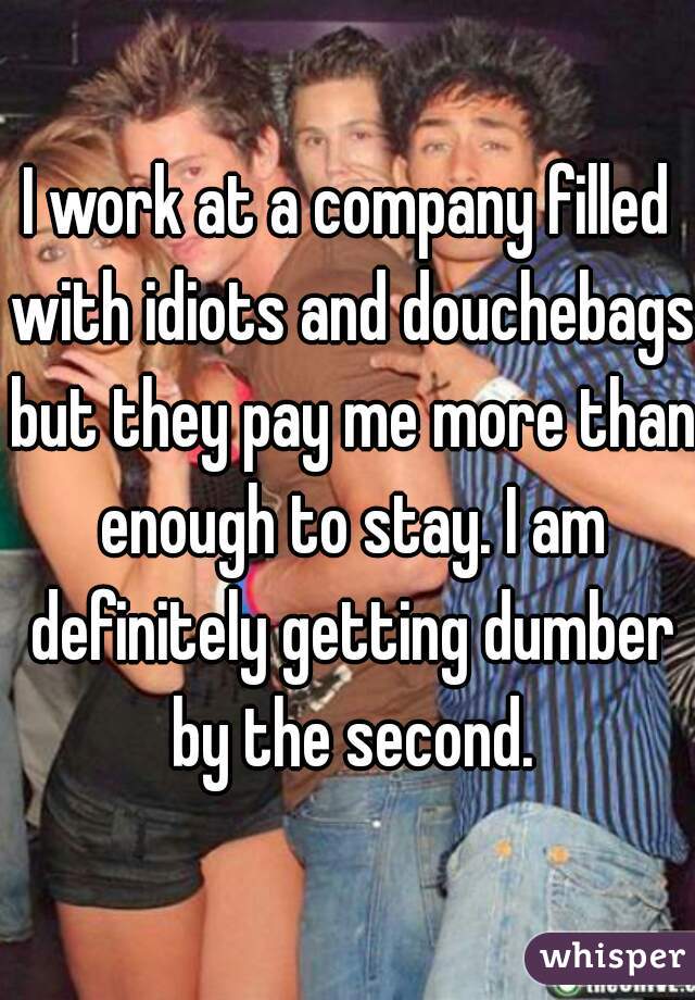 I work at a company filled with idiots and douchebags but they pay me more than enough to stay. I am definitely getting dumber by the second.