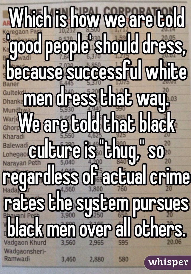 Which is how we are told 'good people' should dress, because successful white men dress that way. 
We are told that black culture is "thug," so regardless of actual crime rates the system pursues black men over all others. 