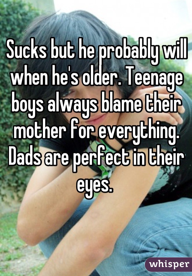 Sucks but he probably will when he's older. Teenage boys always blame their mother for everything. Dads are perfect in their eyes. 