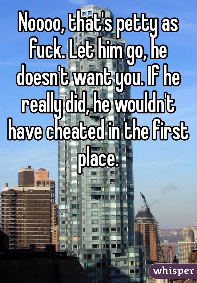 Noooo, that's petty as fuck. Let him go, he doesn't want you. If he really did, he wouldn't have cheated in the first place. 
