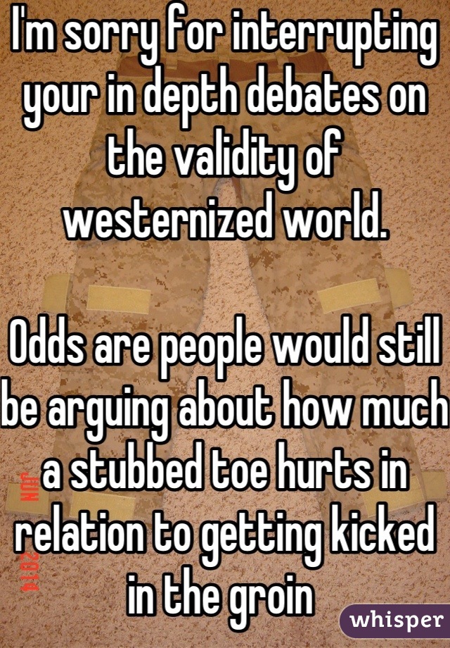 I'm sorry for interrupting your in depth debates on the validity of westernized world. 

Odds are people would still be arguing about how much a stubbed toe hurts in relation to getting kicked in the groin 
