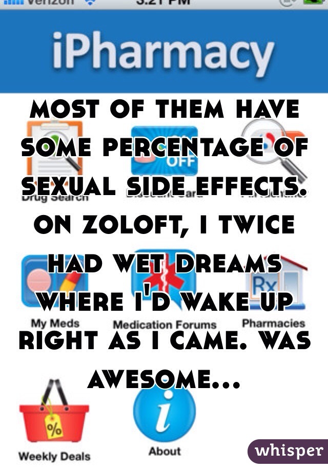 most of them have some percentage of sexual side effects. on zoloft, i twice had wet dreams where i'd wake up right as i came. was awesome...