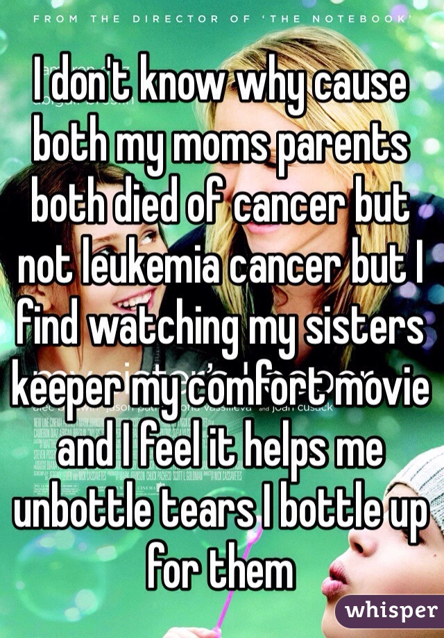 I don't know why cause both my moms parents both died of cancer but not leukemia cancer but I find watching my sisters keeper my comfort movie and I feel it helps me unbottle tears I bottle up for them 