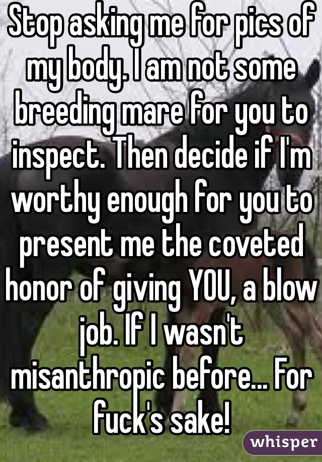 Stop asking me for pics of my body. I am not some breeding mare for you to inspect. Then decide if I'm worthy enough for you to present me the coveted honor of giving YOU, a blow job. If I wasn't misanthropic before... For fuck's sake! 