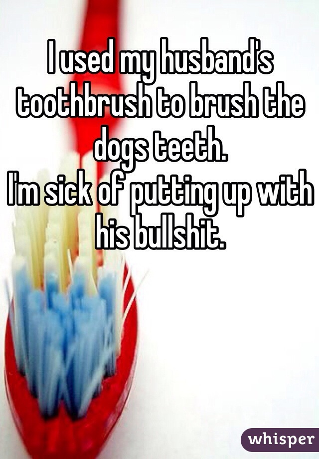 I used my husband's toothbrush to brush the dogs teeth. 
I'm sick of putting up with his bullshit. 