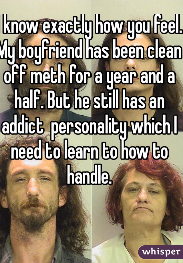 I know exactly how you feel. My boyfriend has been clean off meth for a year and a half. But he still has an addict  personality which I need to learn to how to handle. 