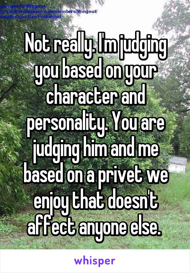 Not really. I'm judging you based on your character and personality. You are judging him and me based on a privet we enjoy that doesn't affect anyone else. 