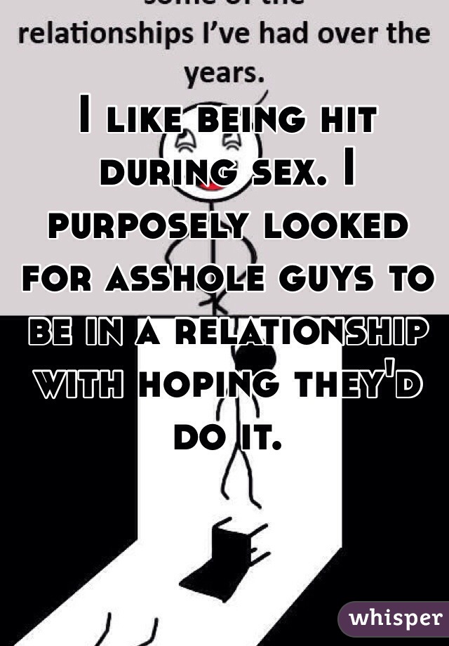 I like being hit during sex. I purposely looked for asshole guys to be in a relationship with hoping they'd do it.