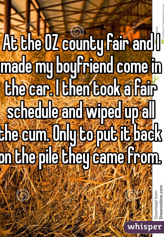 At the OZ county fair and I made my boyfriend come in the car. I then took a fair schedule and wiped up all the cum. Only to put it back on the pile they came from. 