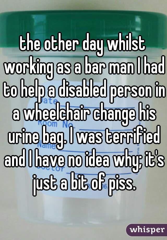 the other day whilst working as a bar man I had to help a disabled person in a wheelchair change his urine bag. I was terrified and I have no idea why; it's just a bit of piss.