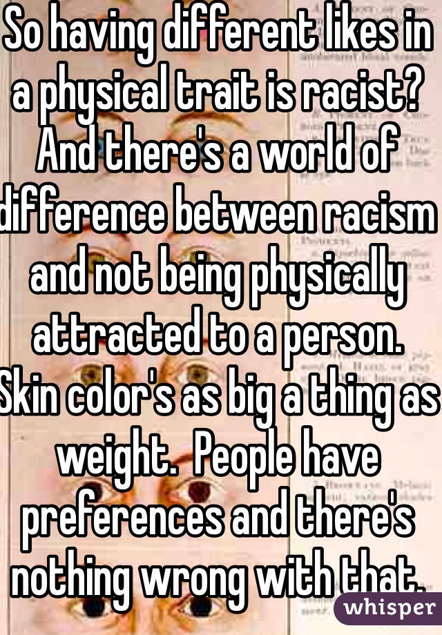 So having different likes in a physical trait is racist?  And there's a world of difference between racism and not being physically attracted to a person.  Skin color's as big a thing as weight.  People have preferences and there's nothing wrong with that.