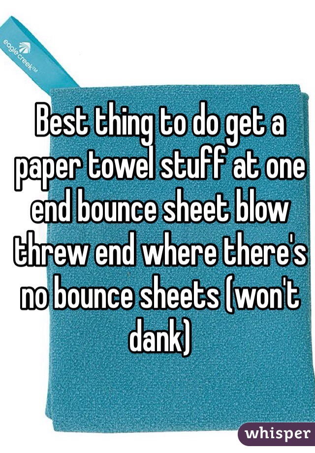 Best thing to do get a paper towel stuff at one end bounce sheet blow threw end where there's no bounce sheets (won't dank)