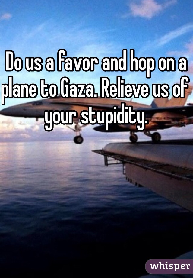 Do us a favor and hop on a plane to Gaza. Relieve us of your stupidity. 