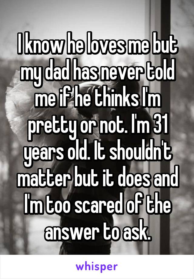 I know he loves me but my dad has never told me if he thinks I'm pretty or not. I'm 31 years old. It shouldn't matter but it does and I'm too scared of the answer to ask.