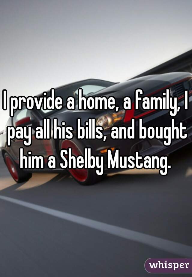 I provide a home, a family, I pay all his bills, and bought him a Shelby Mustang. 