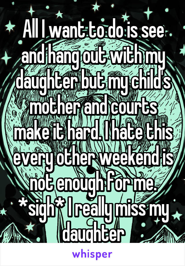 All I want to do is see and hang out with my daughter but my child's mother and courts make it hard. I hate this every other weekend is not enough for me. *sigh* I really miss my daughter