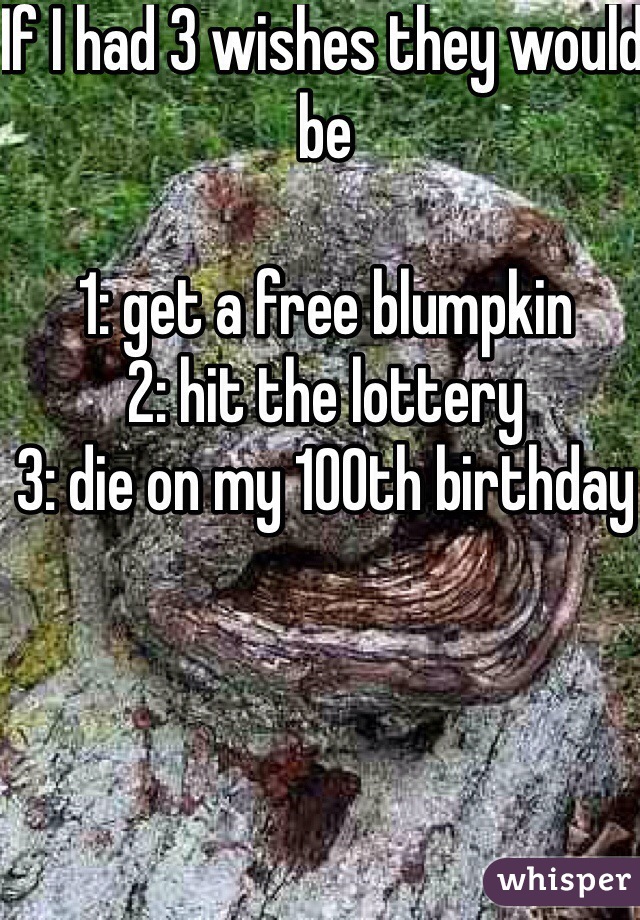 If I had 3 wishes they would be 

1: get a free blumpkin 
2: hit the lottery
3: die on my 100th birthday 