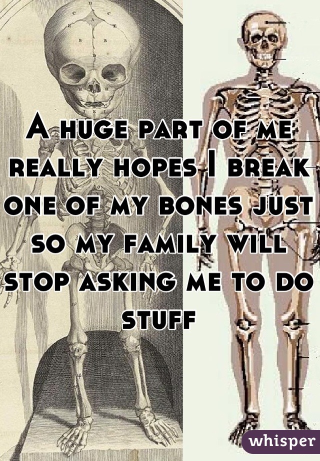 A huge part of me really hopes I break one of my bones just so my family will stop asking me to do stuff
