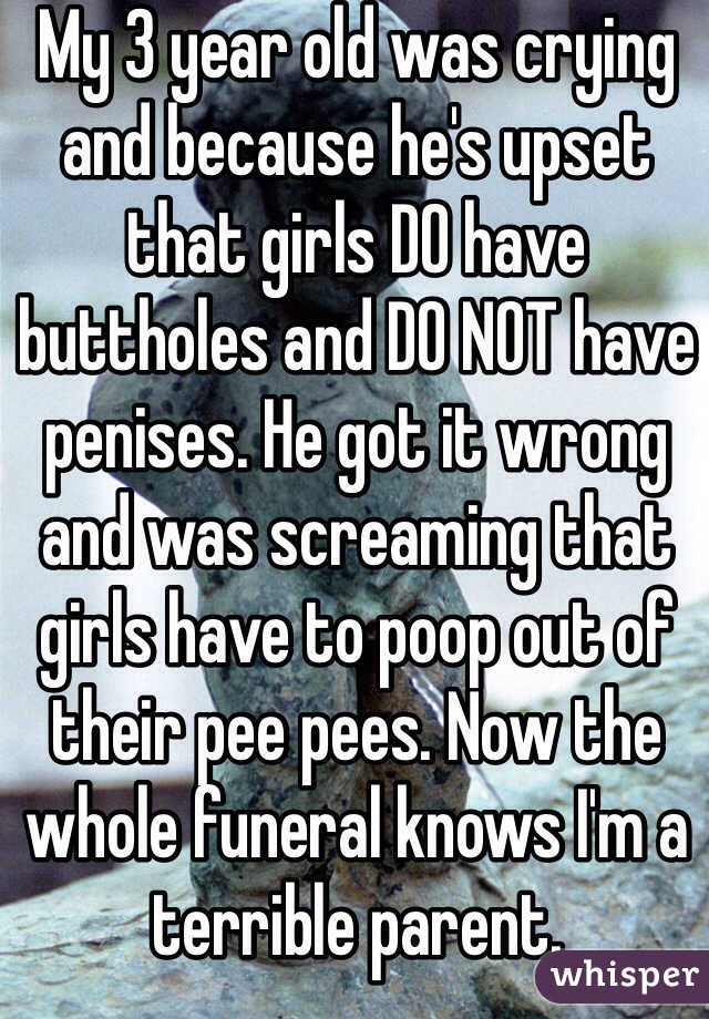 My 3 year old was crying and because he's upset that girls DO have buttholes and DO NOT have penises. He got it wrong and was screaming that girls have to poop out of their pee pees. Now the whole funeral knows I'm a terrible parent. 