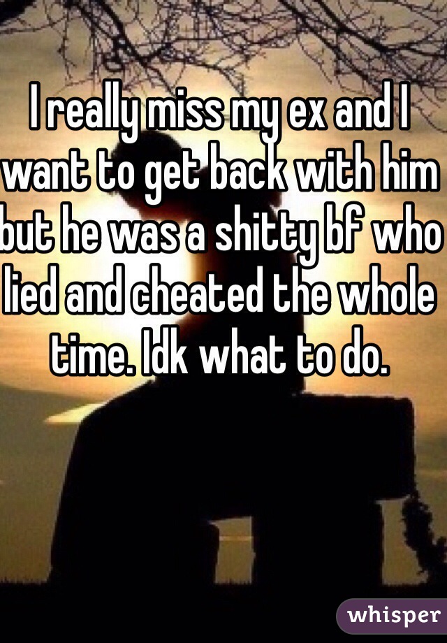 I really miss my ex and I want to get back with him but he was a shitty bf who lied and cheated the whole time. Idk what to do. 