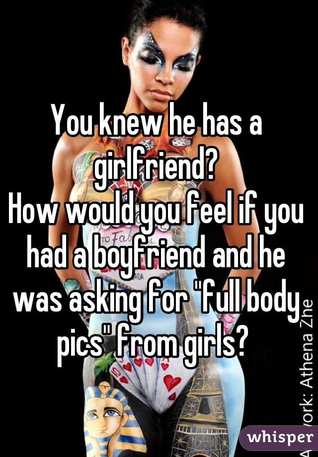 You knew he has a girlfriend? 
How would you feel if you had a boyfriend and he was asking for "full body pics" from girls? 