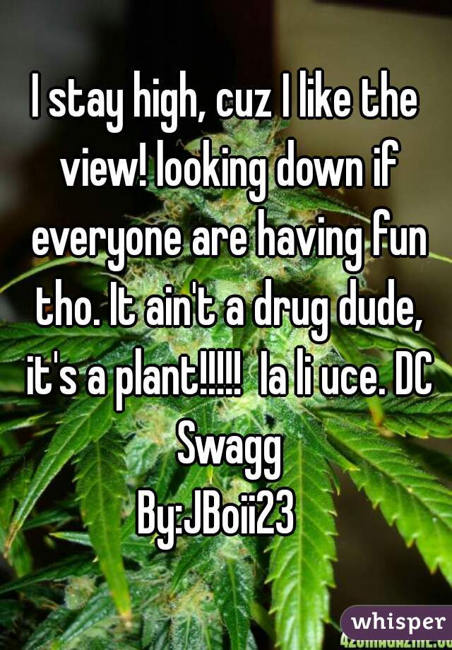 I stay high, cuz I like the view! looking down if everyone are having fun tho. It ain't a drug dude, it's a plant!!!!!  Ia li uce. DC Swagg


By:JBoii23  