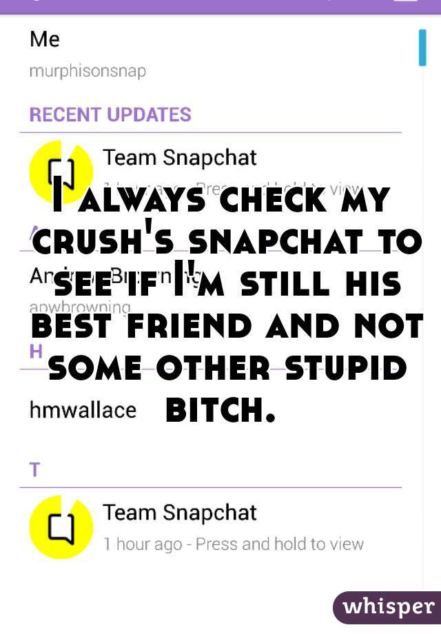 I always check my crush's snapchat to see if I'm still his best friend and not some other stupid bitch. 