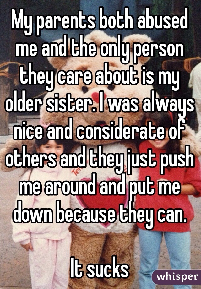 My parents both abused me and the only person they care about is my older sister. I was always nice and considerate of others and they just push me around and put me down because they can.

It sucks