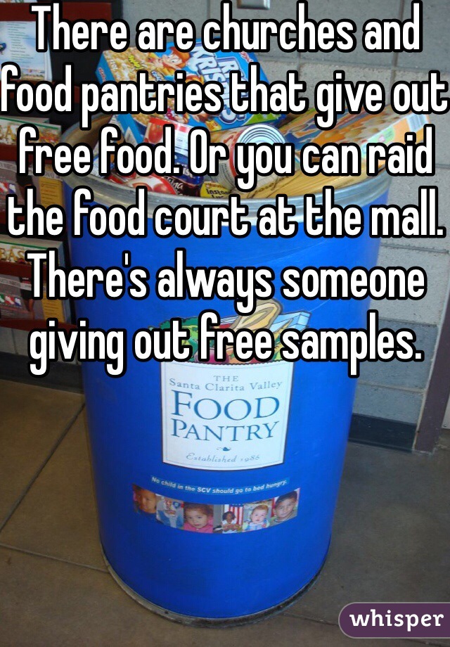 There are churches and food pantries that give out free food. Or you can raid the food court at the mall. There's always someone giving out free samples. 