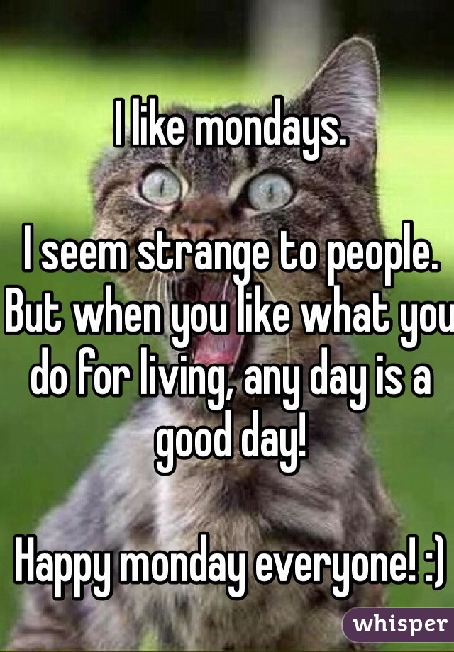 I like mondays. 

I seem strange to people. But when you like what you do for living, any day is a good day! 

Happy monday everyone! :)