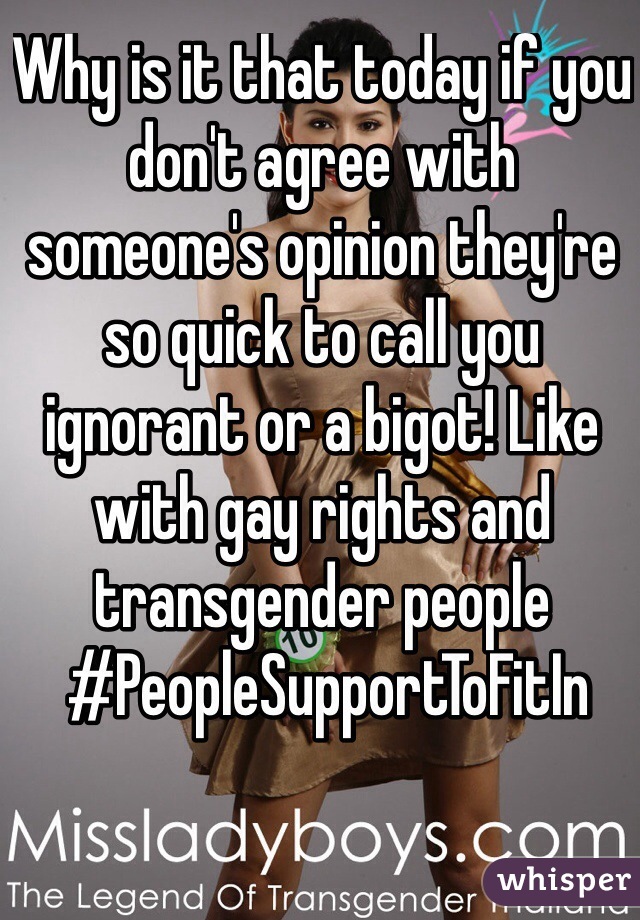 Why is it that today if you don't agree with someone's opinion they're so quick to call you ignorant or a bigot! Like with gay rights and transgender people 
 #PeopleSupportToFitIn