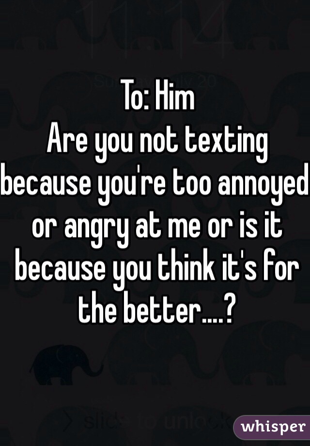 To: Him
Are you not texting because you're too annoyed or angry at me or is it because you think it's for the better....?