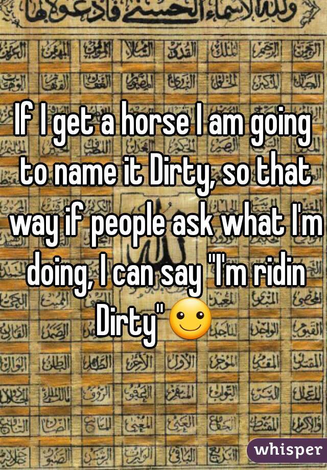 If I get a horse I am going to name it Dirty, so that way if people ask what I'm doing, I can say "I'm ridin Dirty"☺   