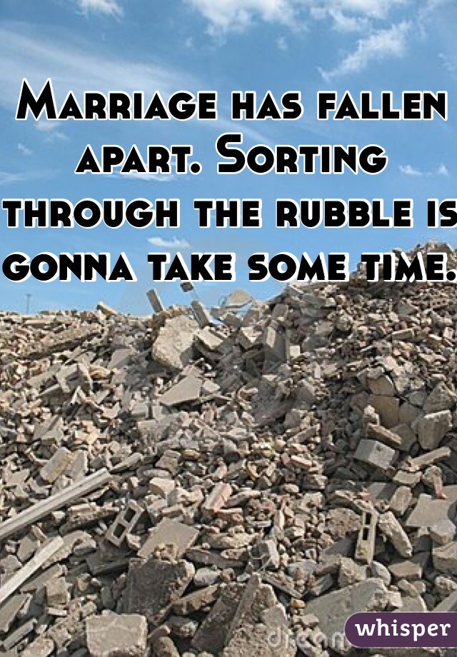 Marriage has fallen apart. Sorting through the rubble is gonna take some time. 
